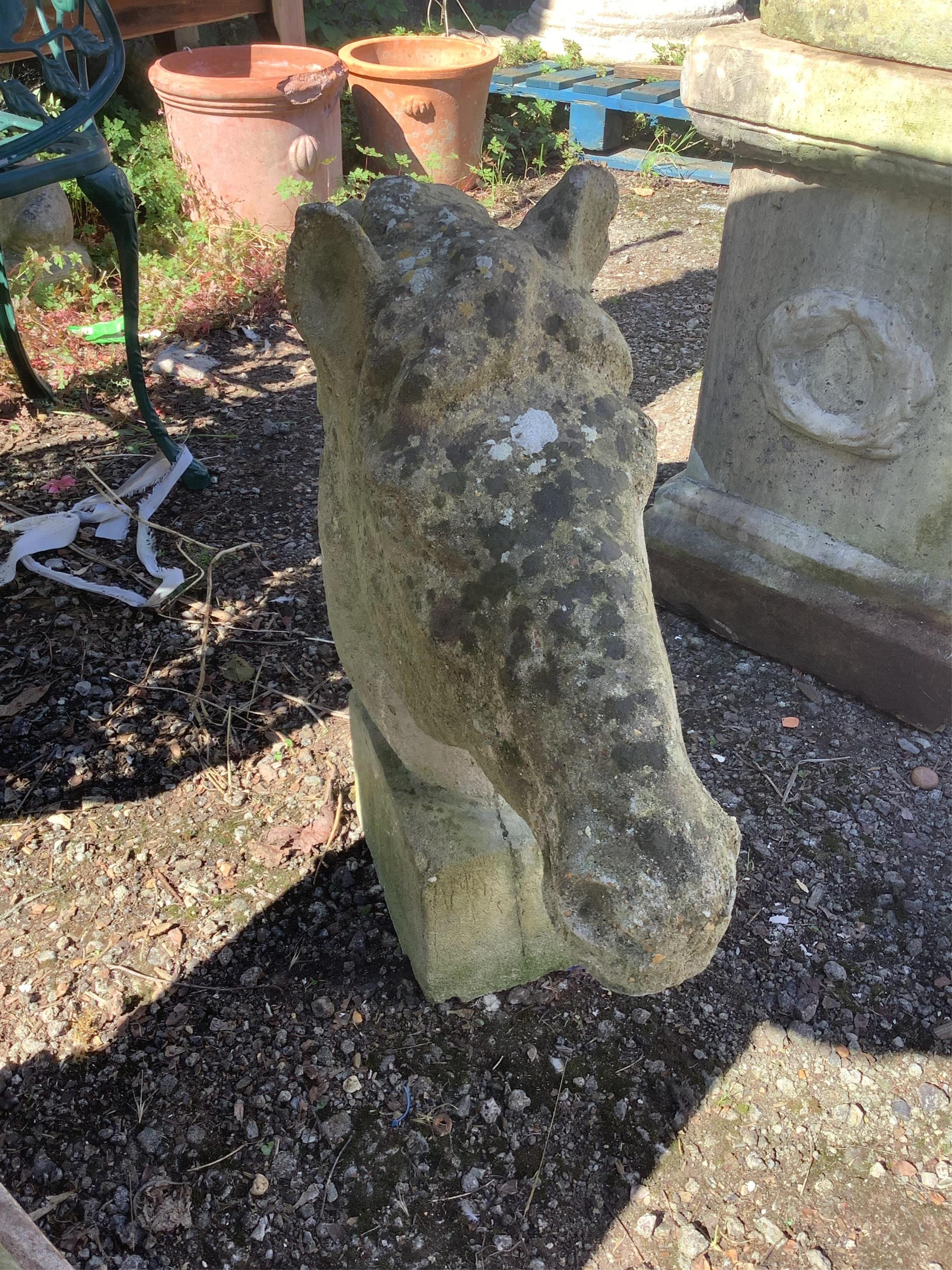 A reconstituted stone horse head garden ornament, height 60cm. Condition - fair